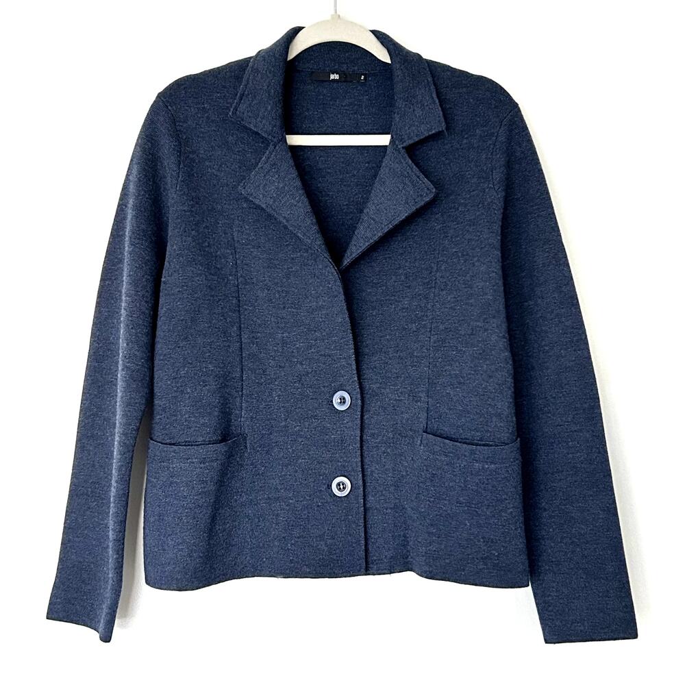 EUC Jarbo 100% Merino Wool Knit Blazer Jacket Size 2 Navy Soft Tailored Workwear